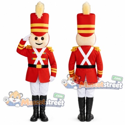 Toy Soldier Mascot Costume with Red Uniform and Tall Hat Toy Soldier Mascot Costume with Red Uniform and Tall Hat