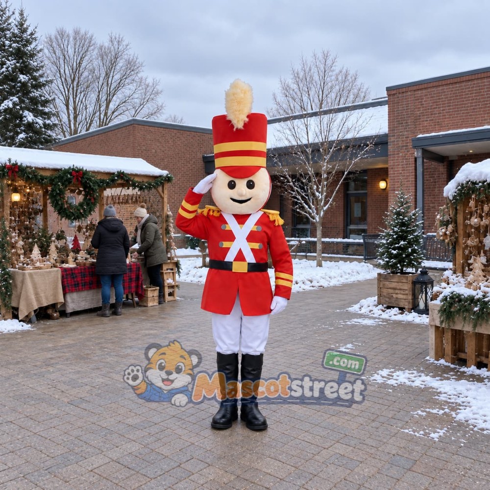 Toy Soldier Mascot Costume with Red Uniform and Tall Hat Toy Soldier Mascot Costume with Red Uniform and Tall Hat