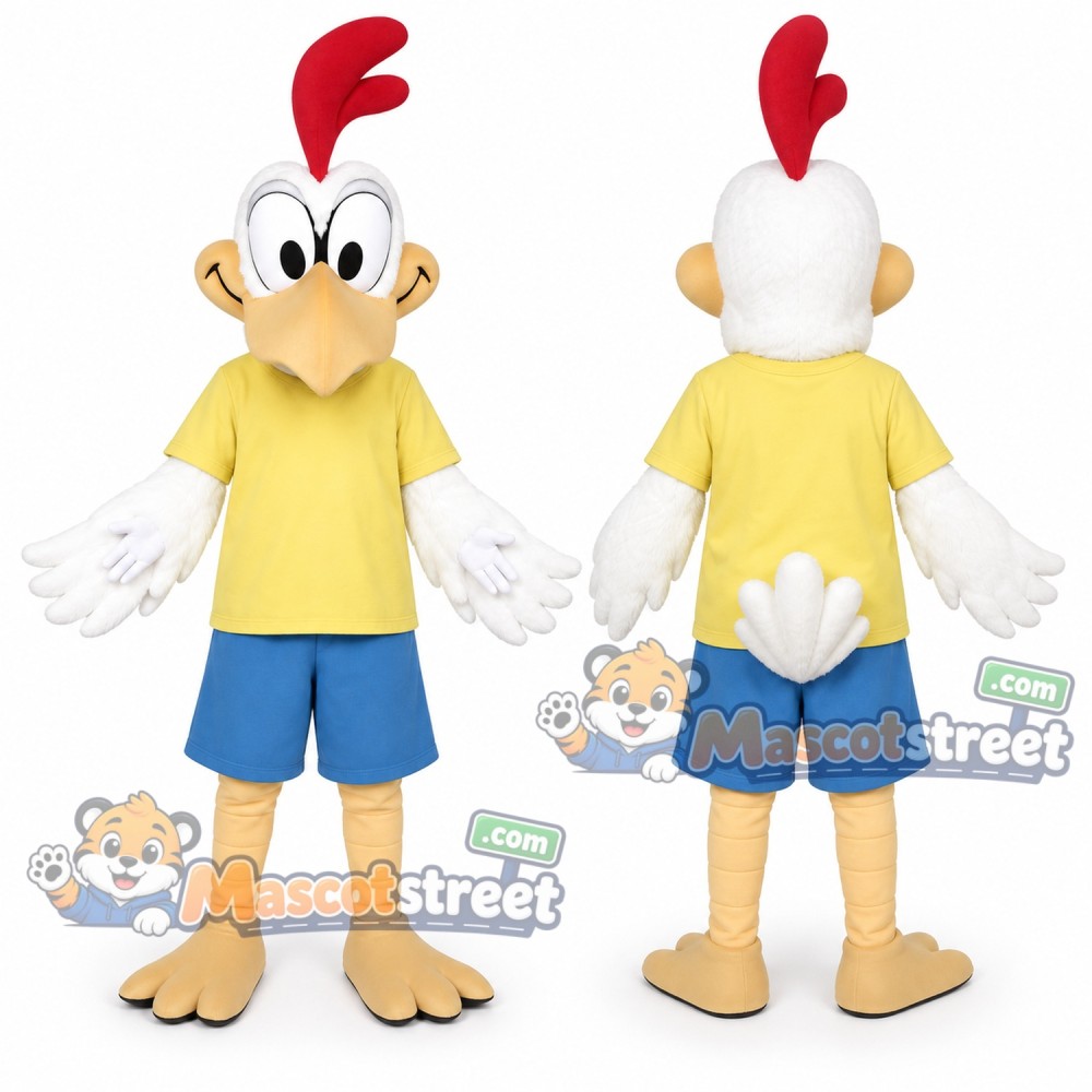 White Rooster Mascot Costume with Yellow Shirt and Blue Shorts White Rooster Mascot Costume with Yellow Shirt and Blue Shorts