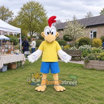 White Rooster Mascot Costume with Yellow Shirt and Blue Shorts White Rooster Mascot Costume with Yellow Shirt and Blue Shorts