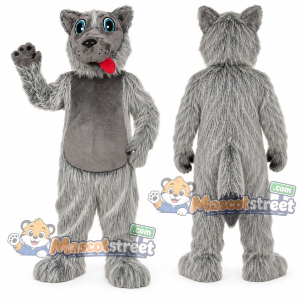 Gray Wolf Mascot Costume with Red Bow Tie
