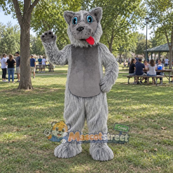 Gray Wolf Mascot Costume with Red Bow Tie