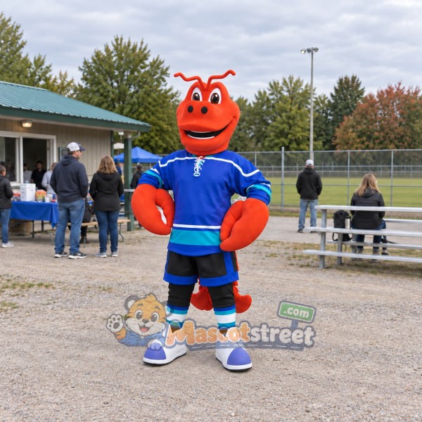 Red Lobster Mascot Costume with Blue Sports Uniform