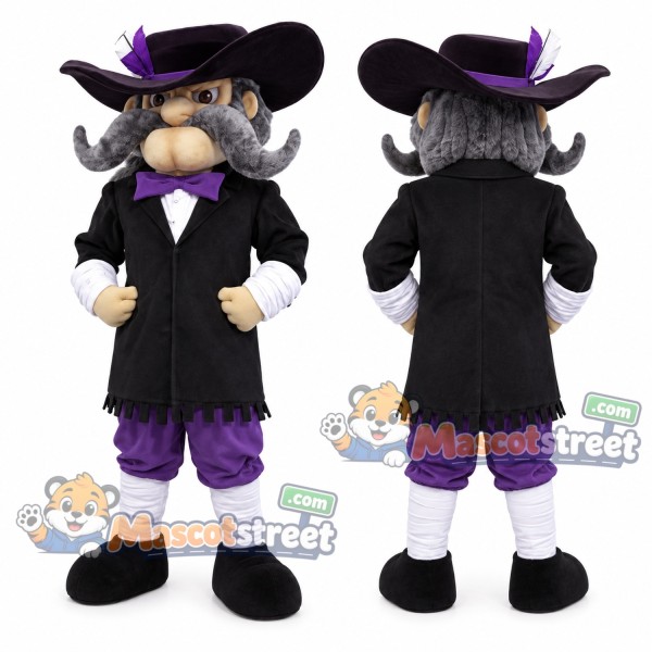 Pirate Mascot Costume with Black Coat, Purple Pants and Feathered Hat