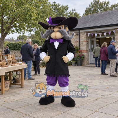 Pirate Mascot Costume with Black Coat, Purple Pants and Feathered Hat Pirate Mascot Costume with Black Coat, Purple Pants and Feathered Hat