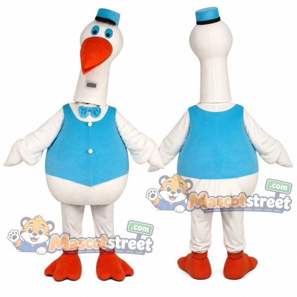 White Bird Mascot Costume with Blue Vest and Cap