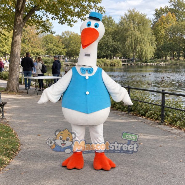White Bird Mascot Costume with Blue Vest and Cap