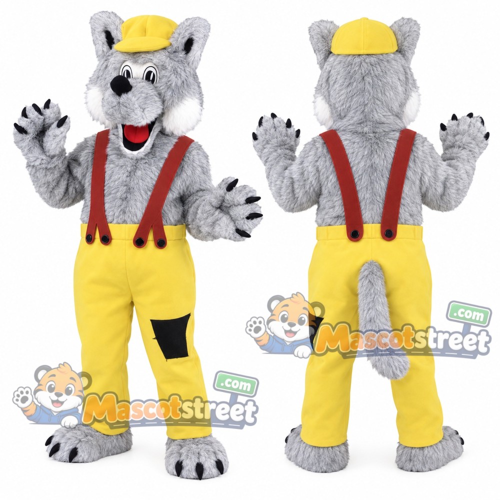 Gray Wolf Mascot Costume with Yellow Pants, Red Suspenders and Cap Gray Wolf Mascot Costume with Yellow Pants, Red Suspenders and Cap