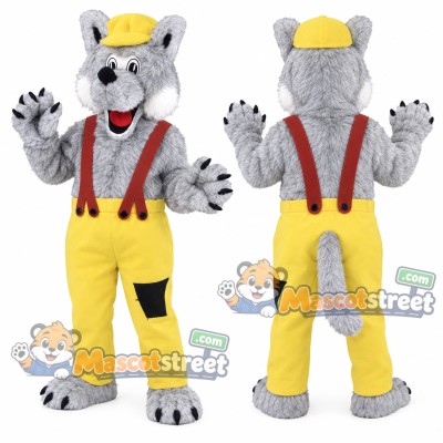 Gray Wolf Mascot Costume with Yellow Pants, Red Suspenders and Cap Gray Wolf Mascot Costume with Yellow Pants, Red Suspenders and Cap