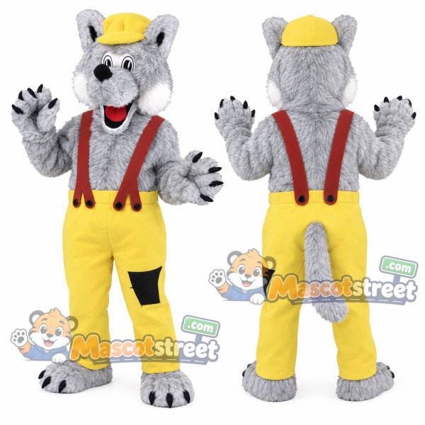 Gray Wolf Mascot Costume with Yellow Pants, Red Suspenders and Cap
