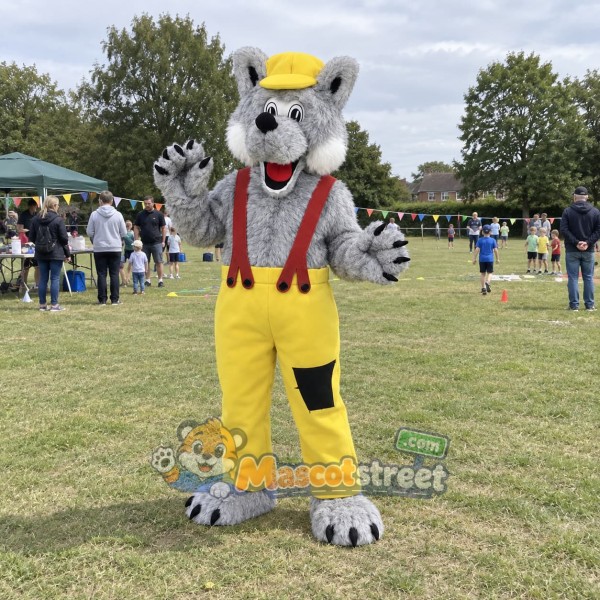 Gray Wolf Mascot Costume with Yellow Pants, Red Suspenders and Cap