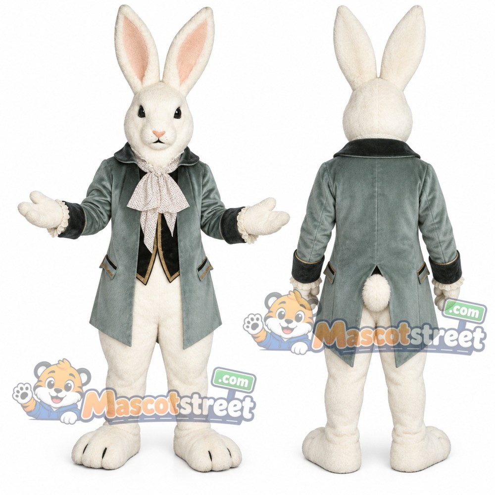 White Rabbit Mascot Costume with Gray Tailcoat