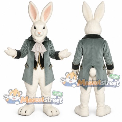 White Rabbit Mascot Costume with Gray Tailcoat