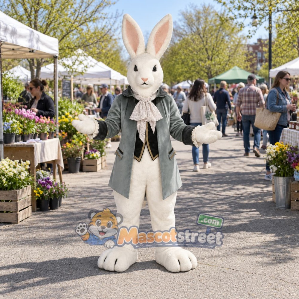 White Rabbit Mascot Costume with Gray Tailcoat