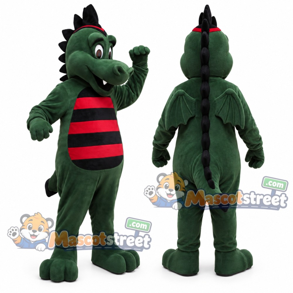 Green Dragon Mascot Costume with Red and Black Striped Shirt