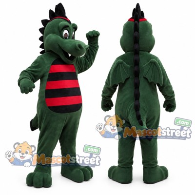 Green Dragon Mascot Costume with Red and Black Striped Shirt