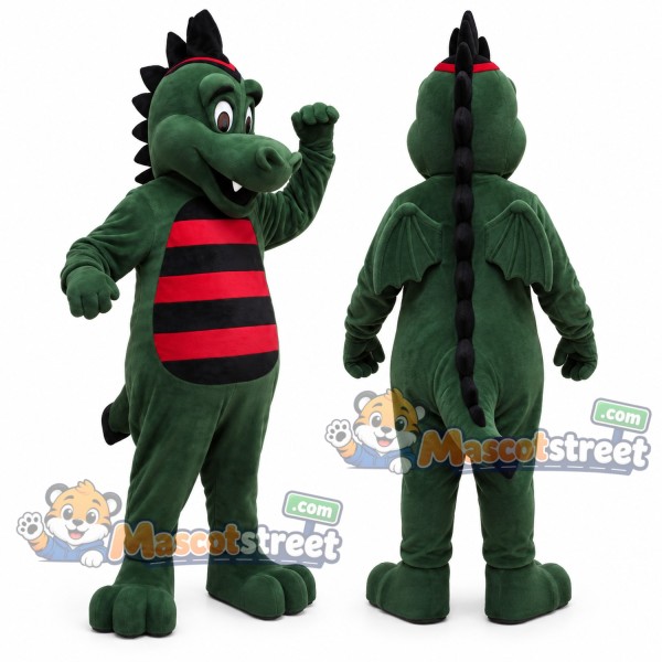 Green Dragon Mascot Costume with Red and Black Striped Shirt