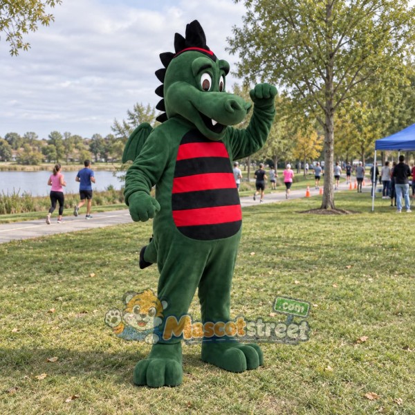 Green Dragon Mascot Costume with Red and Black Striped Shirt