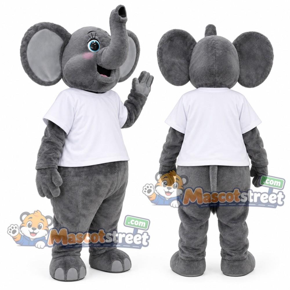 Gray Elephant Mascot Costume with White Shirt Gray Elephant Mascot Costume with White Shirt