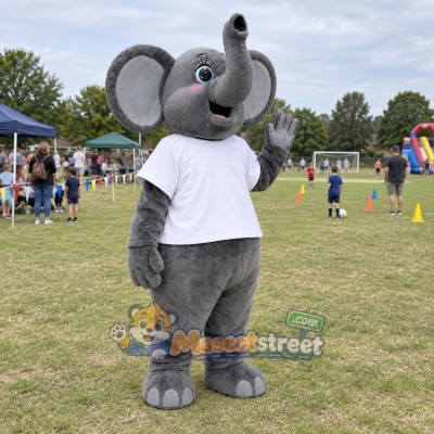 Gray Elephant Mascot Costume with White Shirt Gray Elephant Mascot Costume with White Shirt