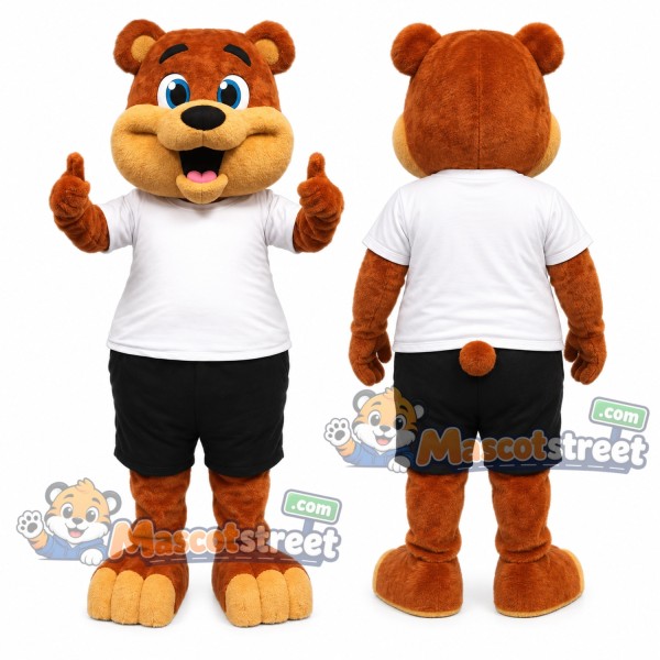 Orange Bear Mascot Costume with White Shirt and Black Shorts