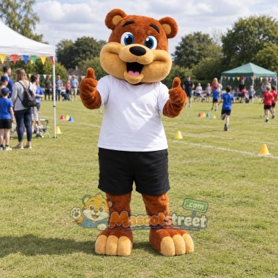 Orange Bear Mascot Costume with White Shirt and Black Shorts Orange Bear Mascot Costume with White Shirt and Black Shorts