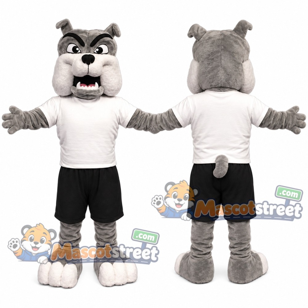 Gray Bulldog Mascot Costume with White Shirt and Black Shorts