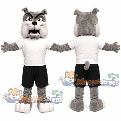 Gray Bulldog Mascot Costume with White Shirt and Black Shorts