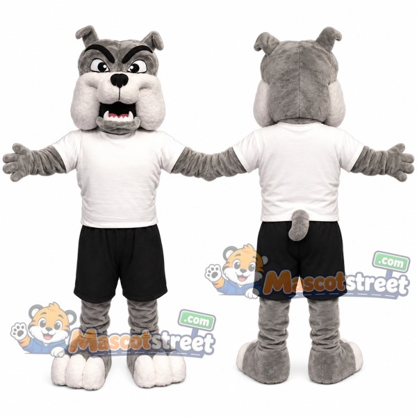 Gray Bulldog Mascot Costume with White Shirt and Black Shorts