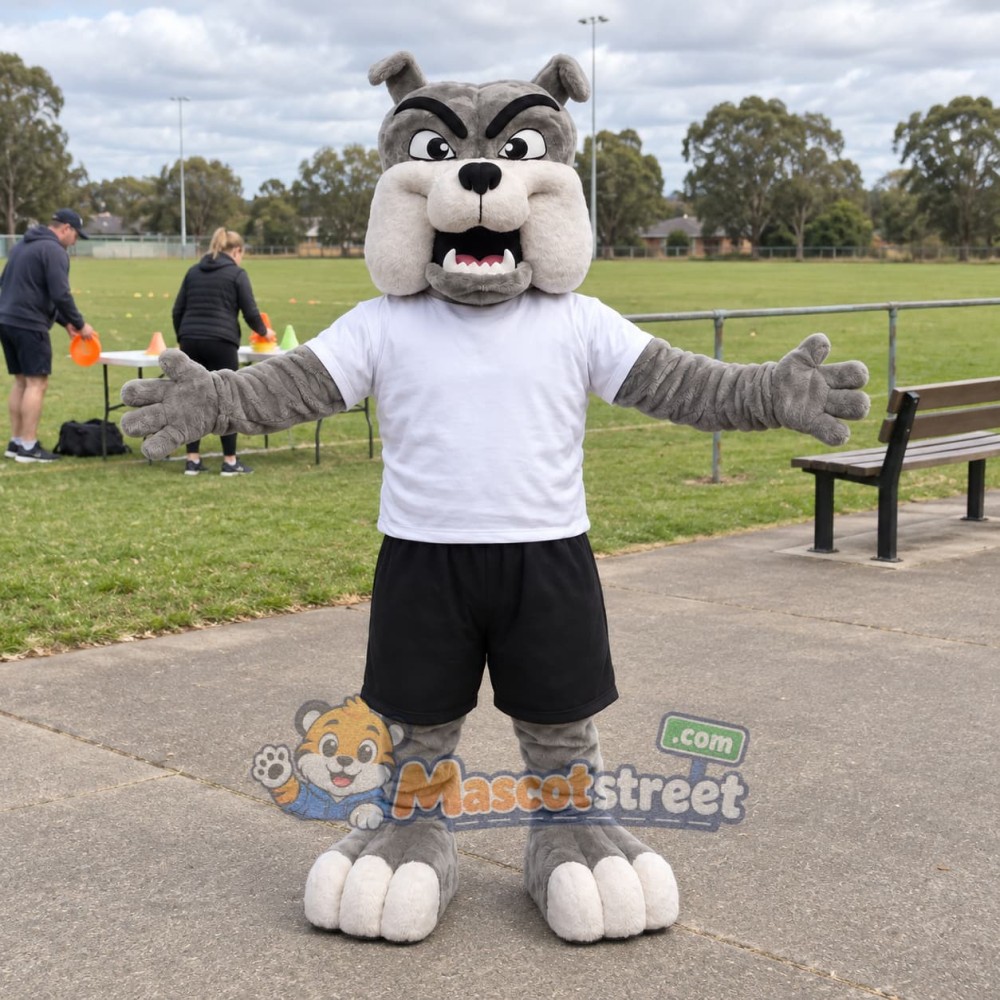 Gray Bulldog Mascot Costume with White Shirt and Black Shorts