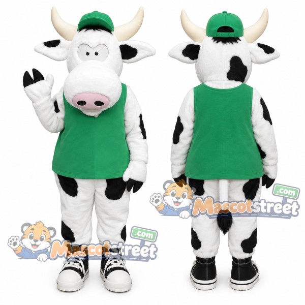 Black and White Cow Mascot Costume with Green Shirt and Cap