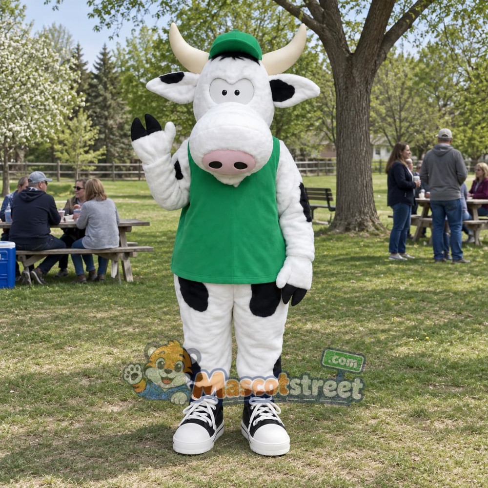 Black and White Cow Mascot Costume with Green Shirt and Cap