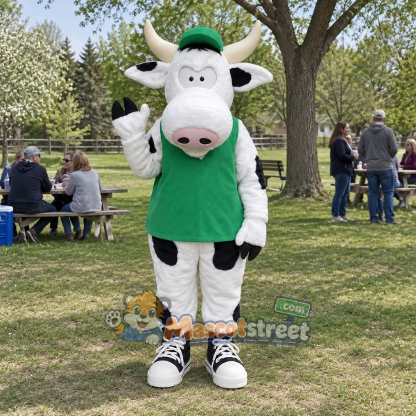 Black and White Cow Mascot Costume with Green Shirt and Cap