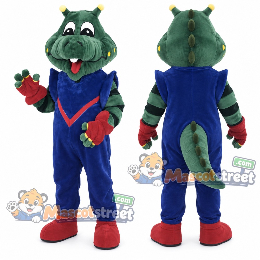 Green Crocodile Mascot Costume with Blue Overalls Green Crocodile Mascot Costume with Blue Overalls