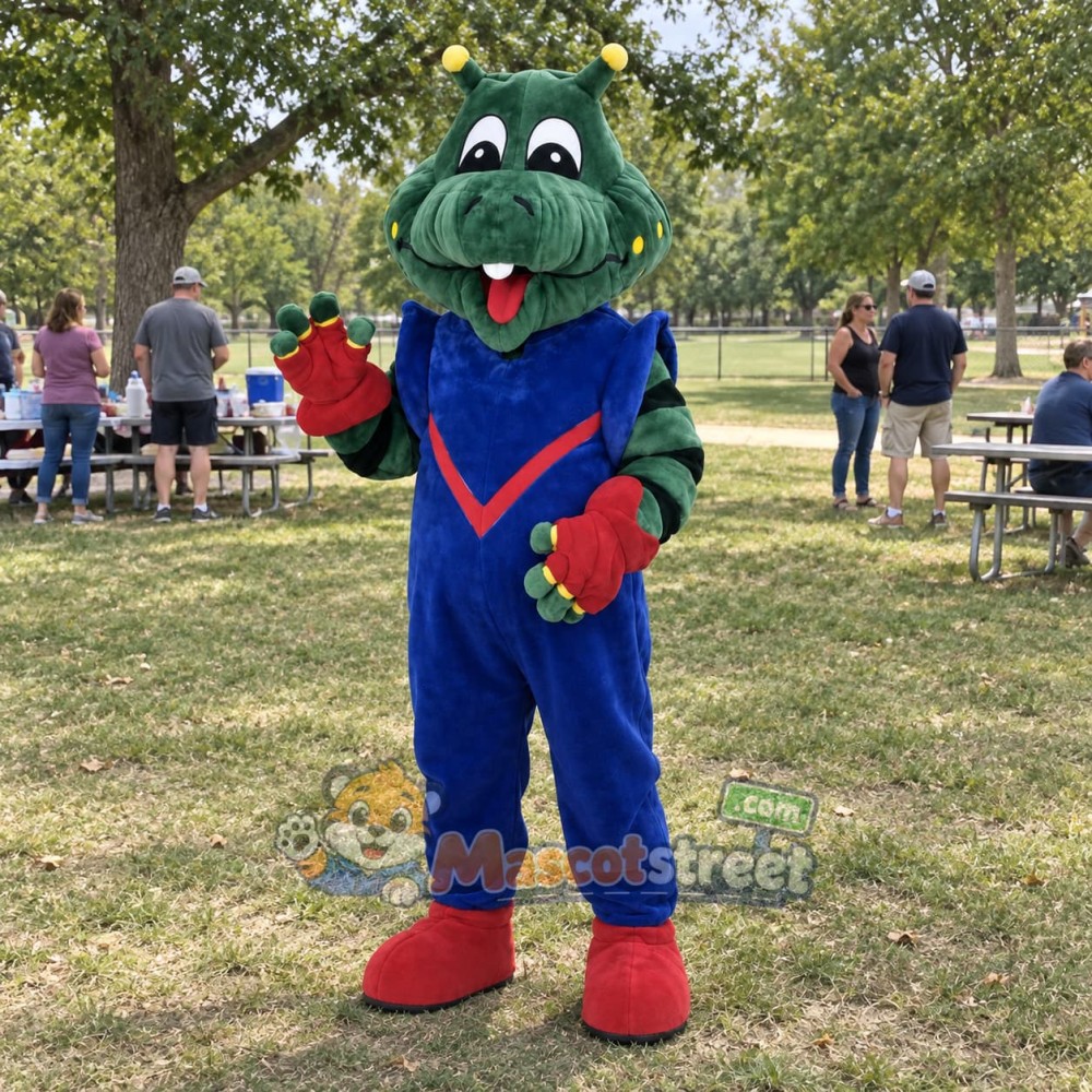 Green Crocodile Mascot Costume with Blue Overalls Green Crocodile Mascot Costume with Blue Overalls