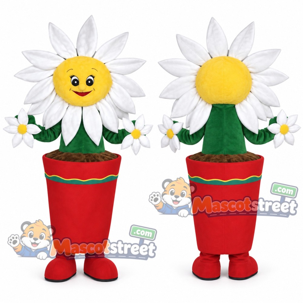 White Daisy in Red Pot Mascot Costume