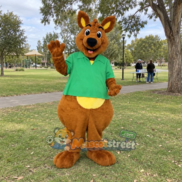 Brown Kangaroo Mascot Costume with Green Shirt