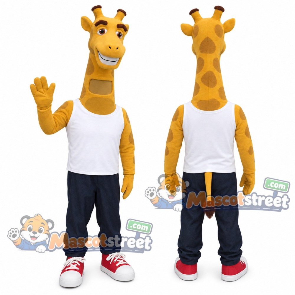 Giraffe Mascot Costume with White Shirt and Dark Pants Giraffe Mascot Costume with White Shirt and Dark Pants