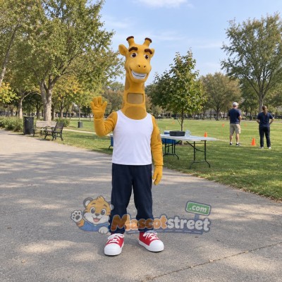 Giraffe Mascot Costume with White Shirt and Dark Pants Giraffe Mascot Costume with White Shirt and Dark Pants