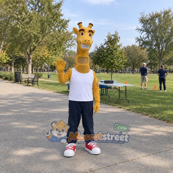Giraffe Mascot Costume with White Shirt and Dark Pants