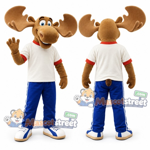 Brown Moose Mascot Costume with White Shirt and Blue Pants