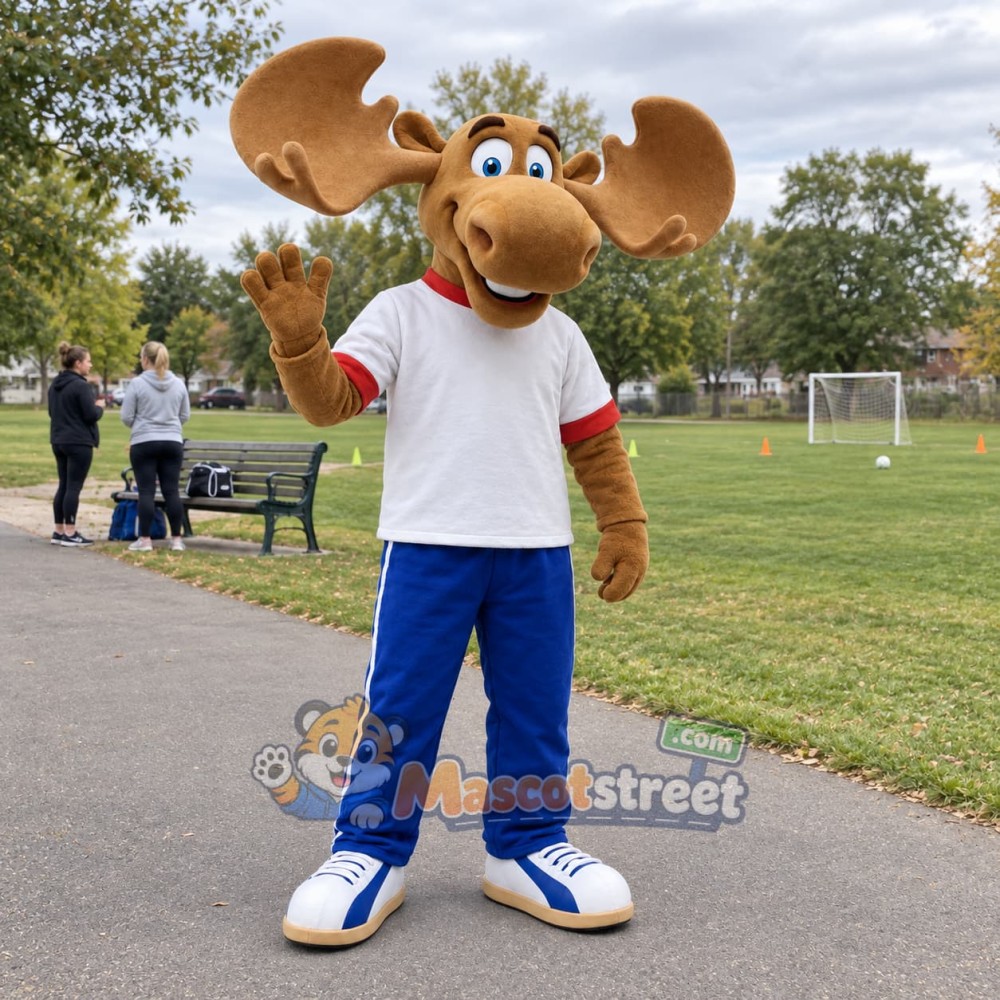 Brown Moose Mascot Costume with White Shirt and Blue Pants Brown Moose Mascot Costume with White Shirt and Blue Pants
