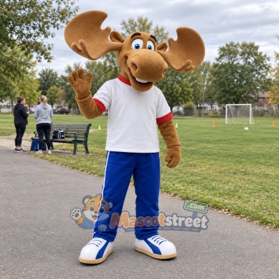 Brown Moose Mascot Costume with White Shirt and Blue Pants Brown Moose Mascot Costume with White Shirt and Blue Pants