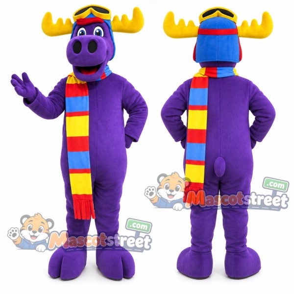Purple Moose Mascot Costume with Striped Scarf and Winter Hat
