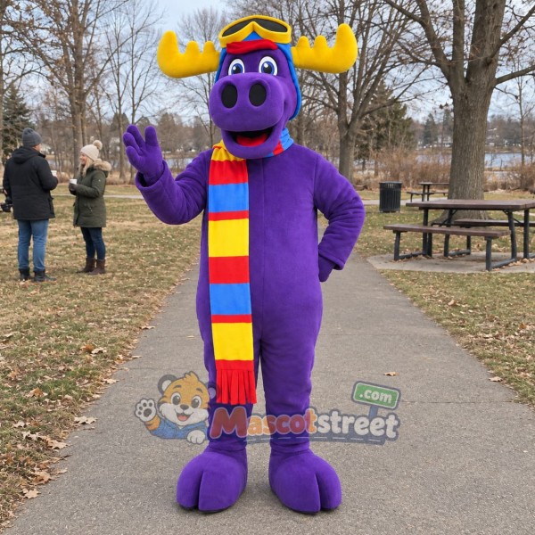 Purple Moose Mascot Costume with Striped Scarf and Winter Hat