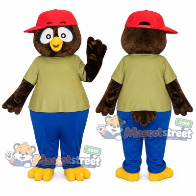 Brown Owl Mascot Costume with Olive Shirt, Blue Pants and Red Cap Brown Owl Mascot Costume with Olive Shirt, Blue Pants and Red Cap