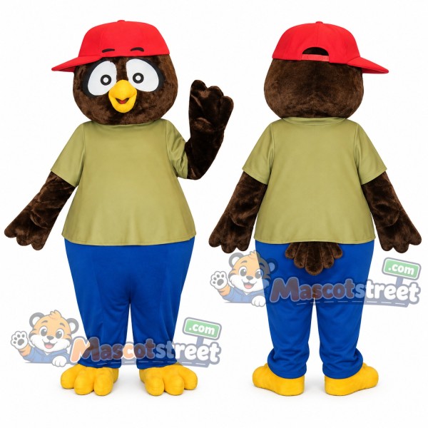 Brown Owl Mascot Costume with Olive Shirt, Blue Pants and Red Cap