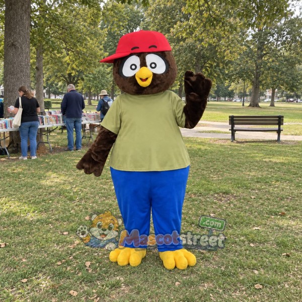 Brown Owl Mascot Costume with Olive Shirt, Blue Pants and Red Cap