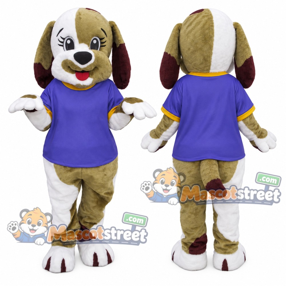 Brown and White Dog Mascot Costume with Purple Shirt Brown and White Dog Mascot Costume with Purple Shirt