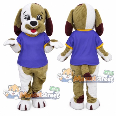 Brown and White Dog Mascot Costume with Purple Shirt Brown and White Dog Mascot Costume with Purple Shirt